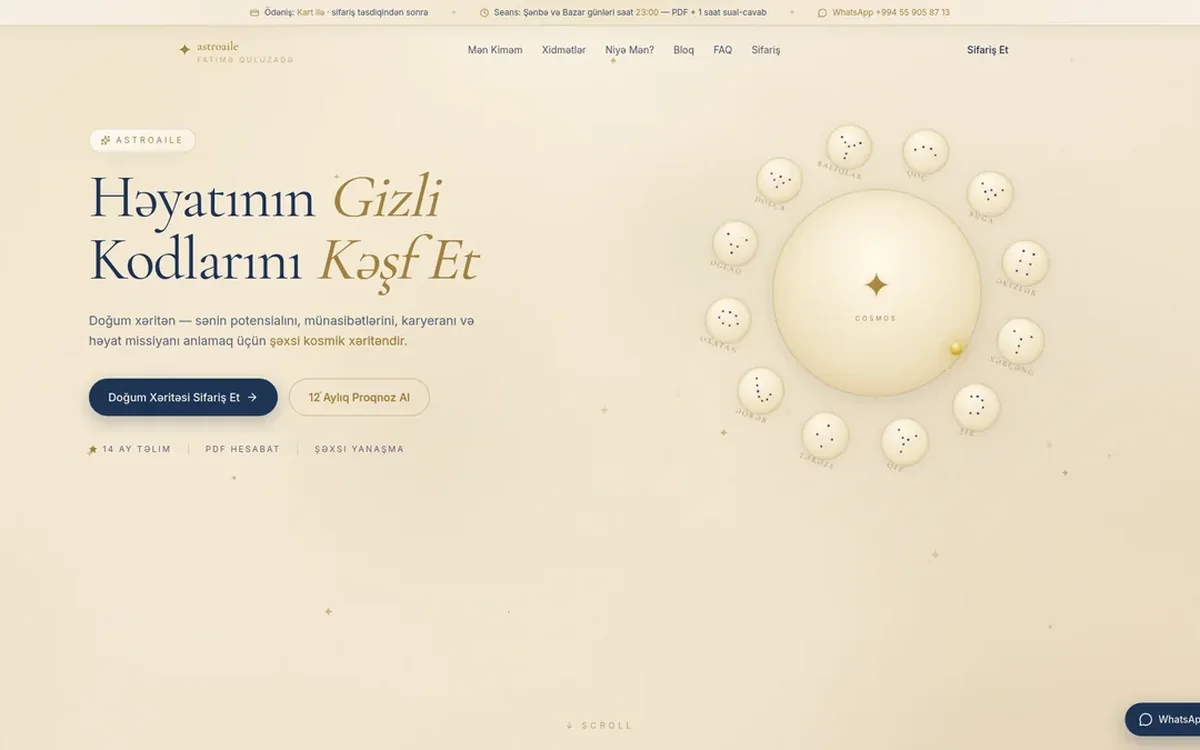 AstroAile astrologiya xidmətləri saytının ana səhifəsi
